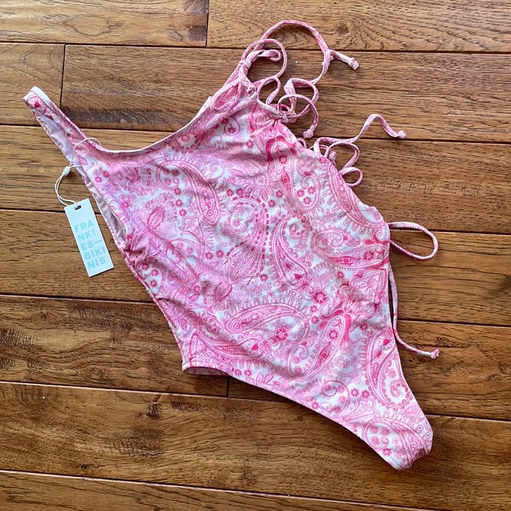 NWT Frankie’s Bikinis Honey Shine pink pattern one piece, one shoulder, …